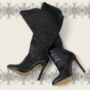 June Ambrose black flowered knee-high leather boots